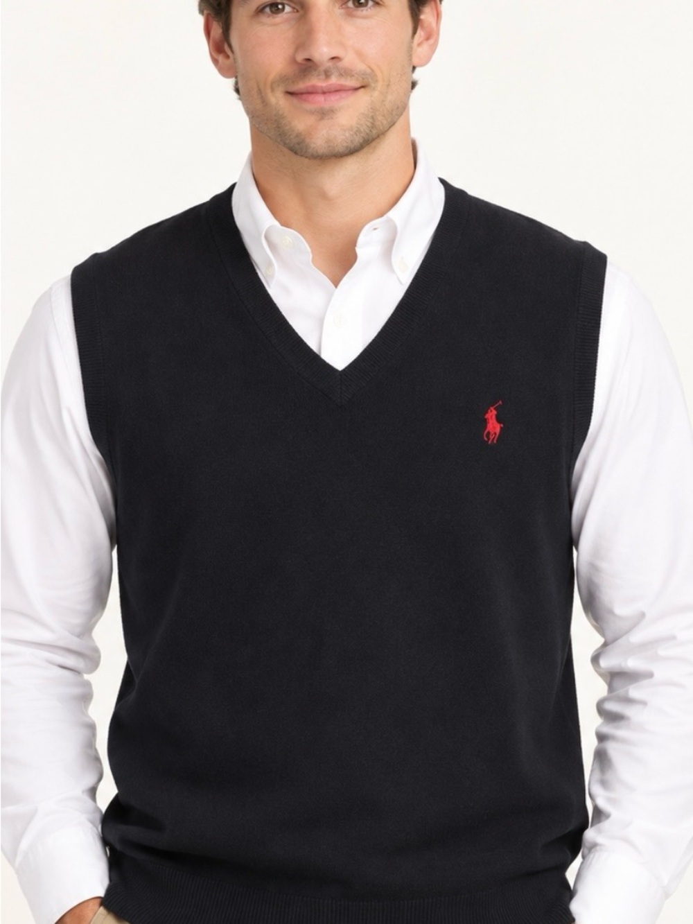 Ralph Lauren Black V Neck w/Red Pony 100% Cotton LIKE NEW